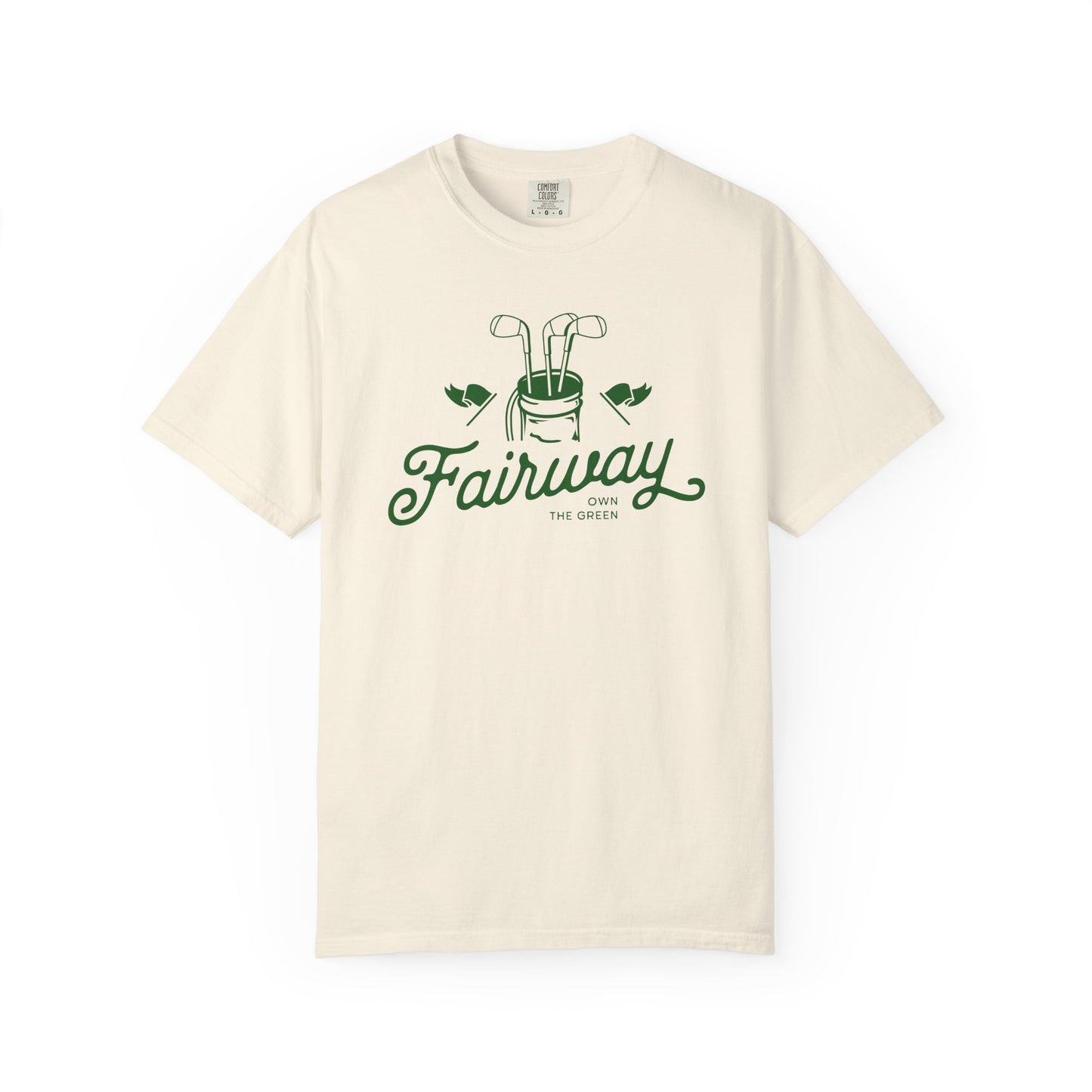 Beige t-shirt with 'Fairway' logo on a white background