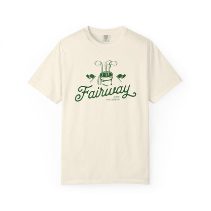 Beige t-shirt with 'Fairway' logo on a white background