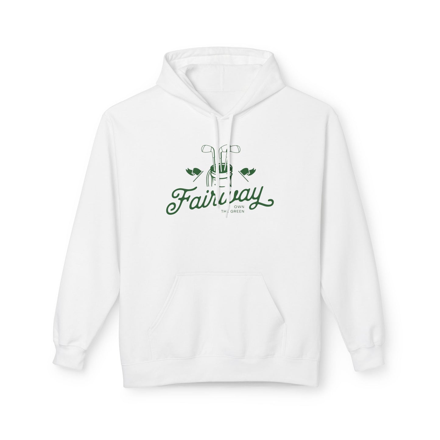 A white pullover hoodie with a green graphic on the chest featuring golf clubs and the text 'Fairway'.