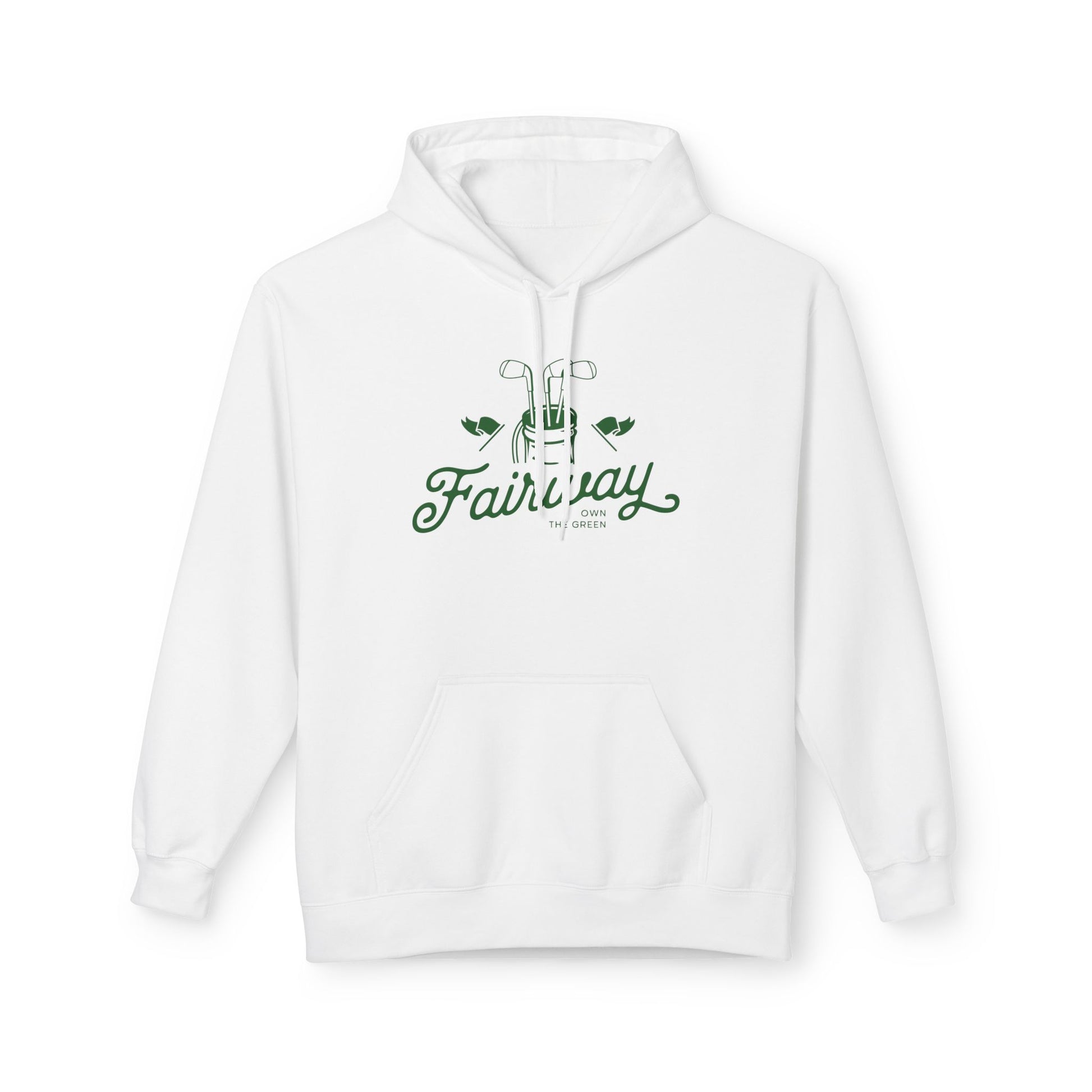 A white pullover hoodie with a green graphic on the chest featuring golf clubs and the text 'Fairway'.