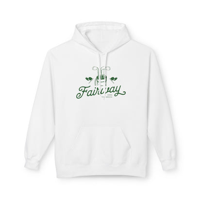 A white pullover hoodie with a green graphic on the chest featuring golf clubs and the text 'Fairway'.