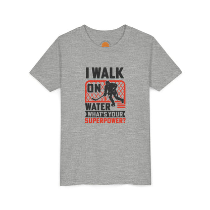 Athletic heather t-shirt with graphic design and text Walk On Water Youth T-Shirt  on a white background