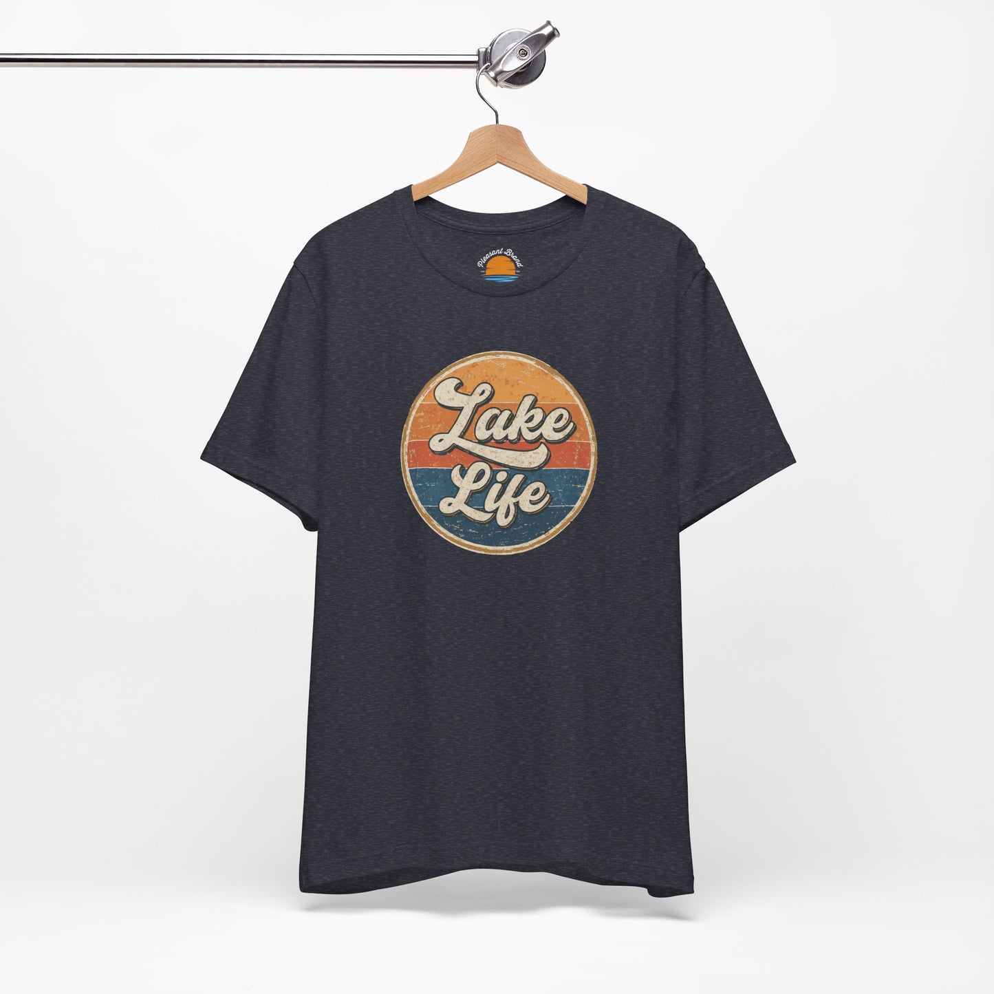 Heather navy t-shirt with 'Lake Life' graphic on a hanger against a white background