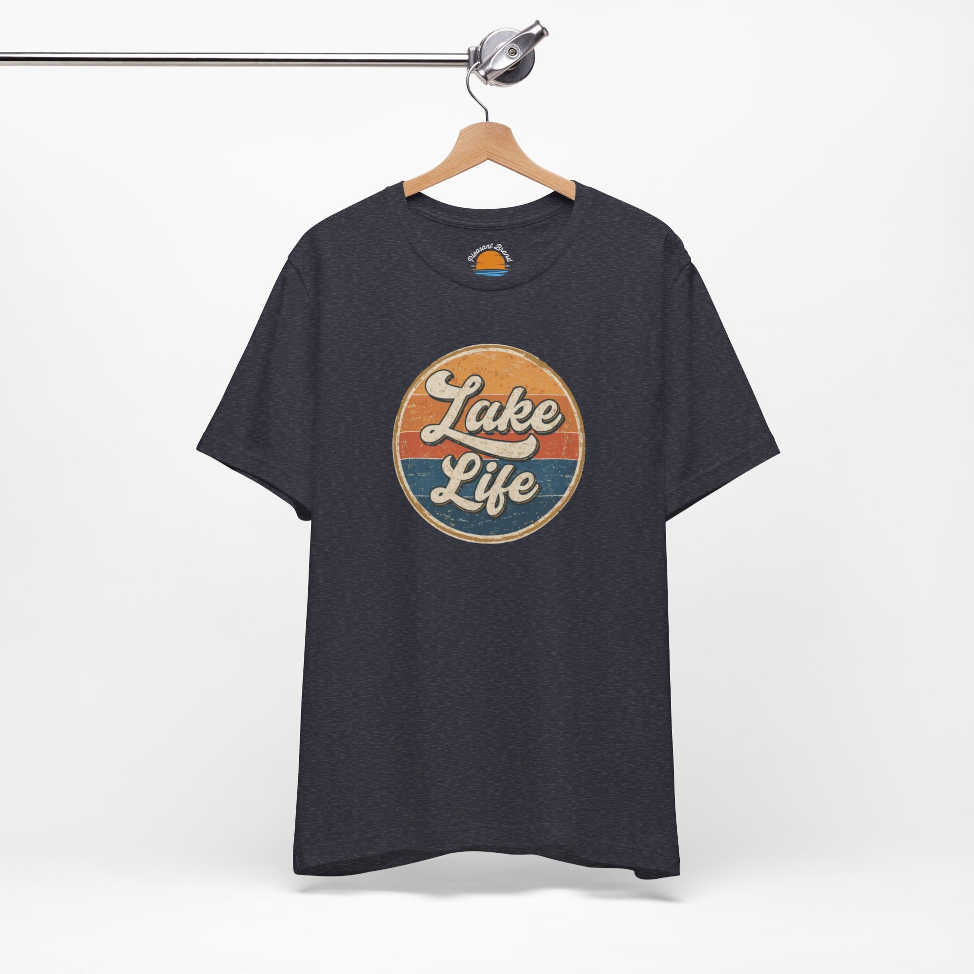 Heather navy t-shirt with 'Lake Life' graphic on a hanger against a white background