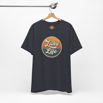 Heather navy t-shirt with 'Lake Life' graphic on a hanger against a white background