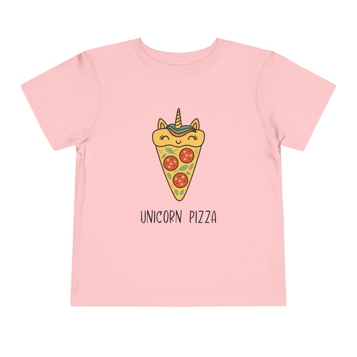 Pink t-shirt with a unicorn pizza design on a white background