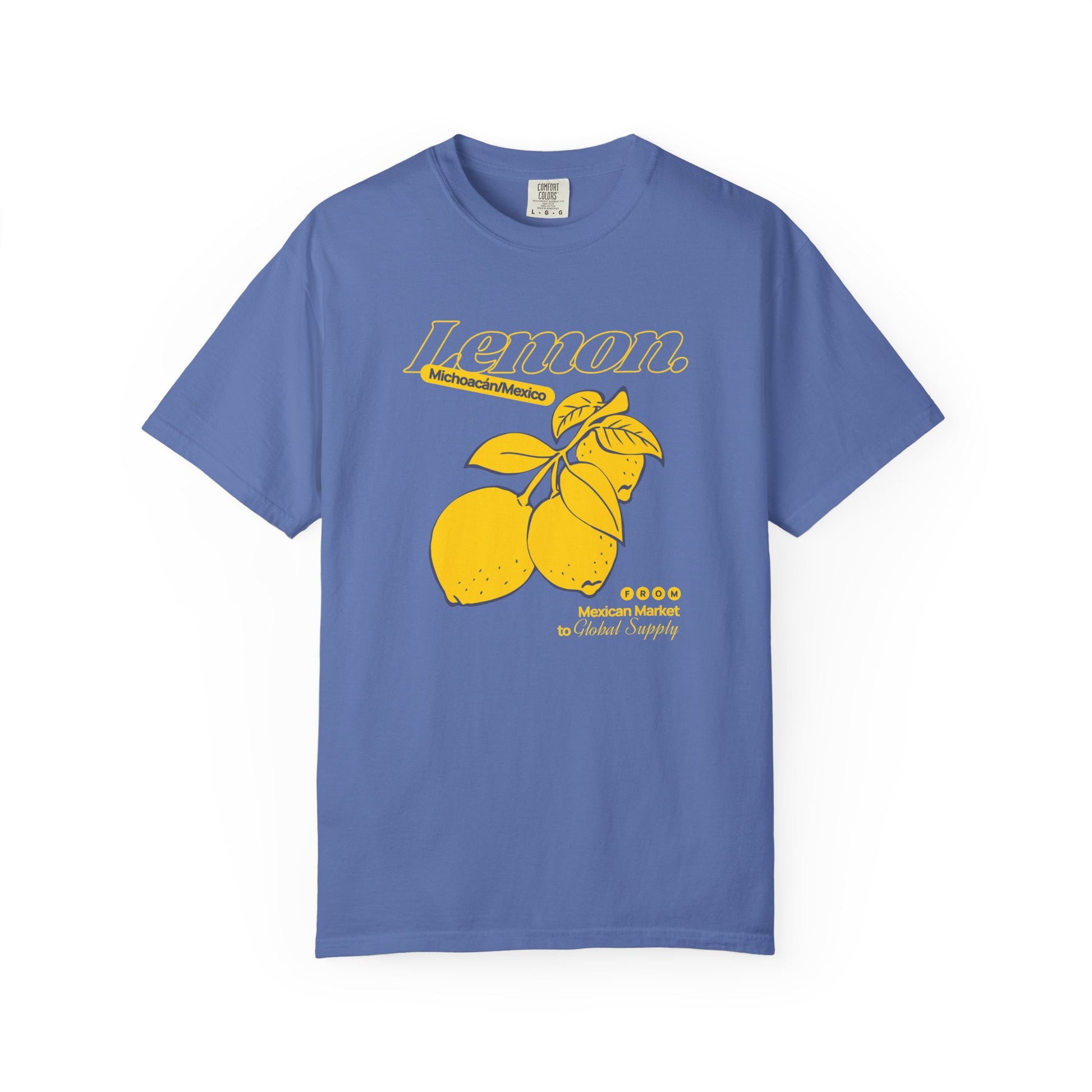 Blue t-shirt with yellow lemon graphic and text on a white background