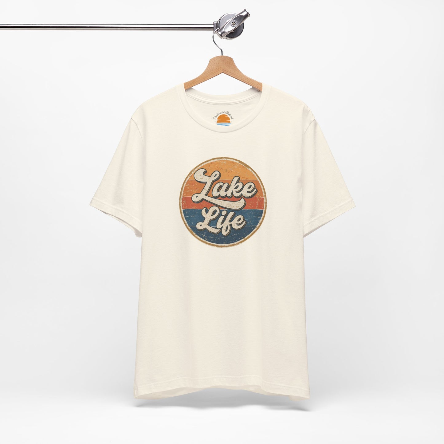 White t-shirt with 'Lake Life' graphic on a hanger against a white background
