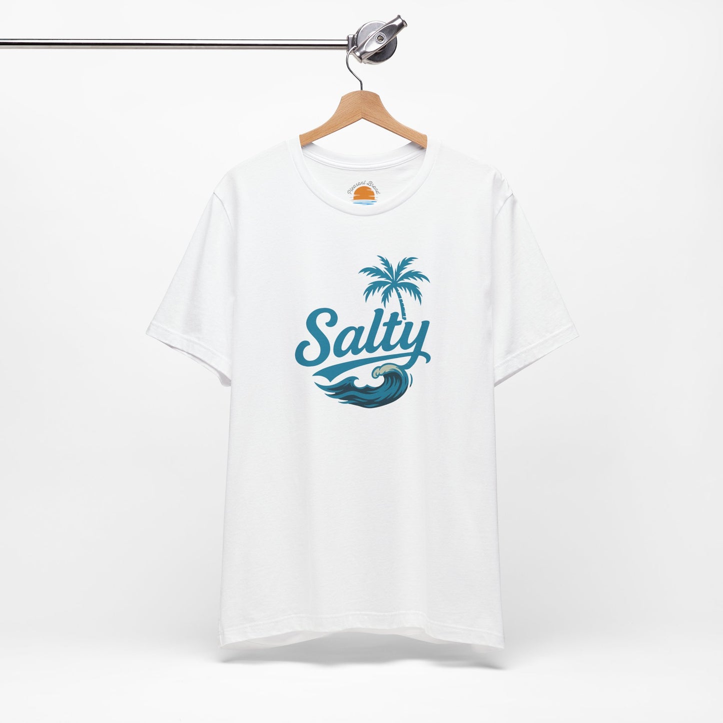 White t-shirt with 'Salty' blue wave and palm tree design on a hanger against a white background