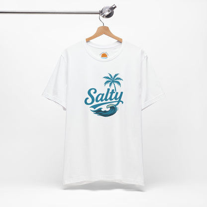 White t-shirt with 'Salty' blue wave and palm tree design on a hanger against a white background