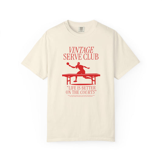 Beige t-shirt with red graphic and text on a white background