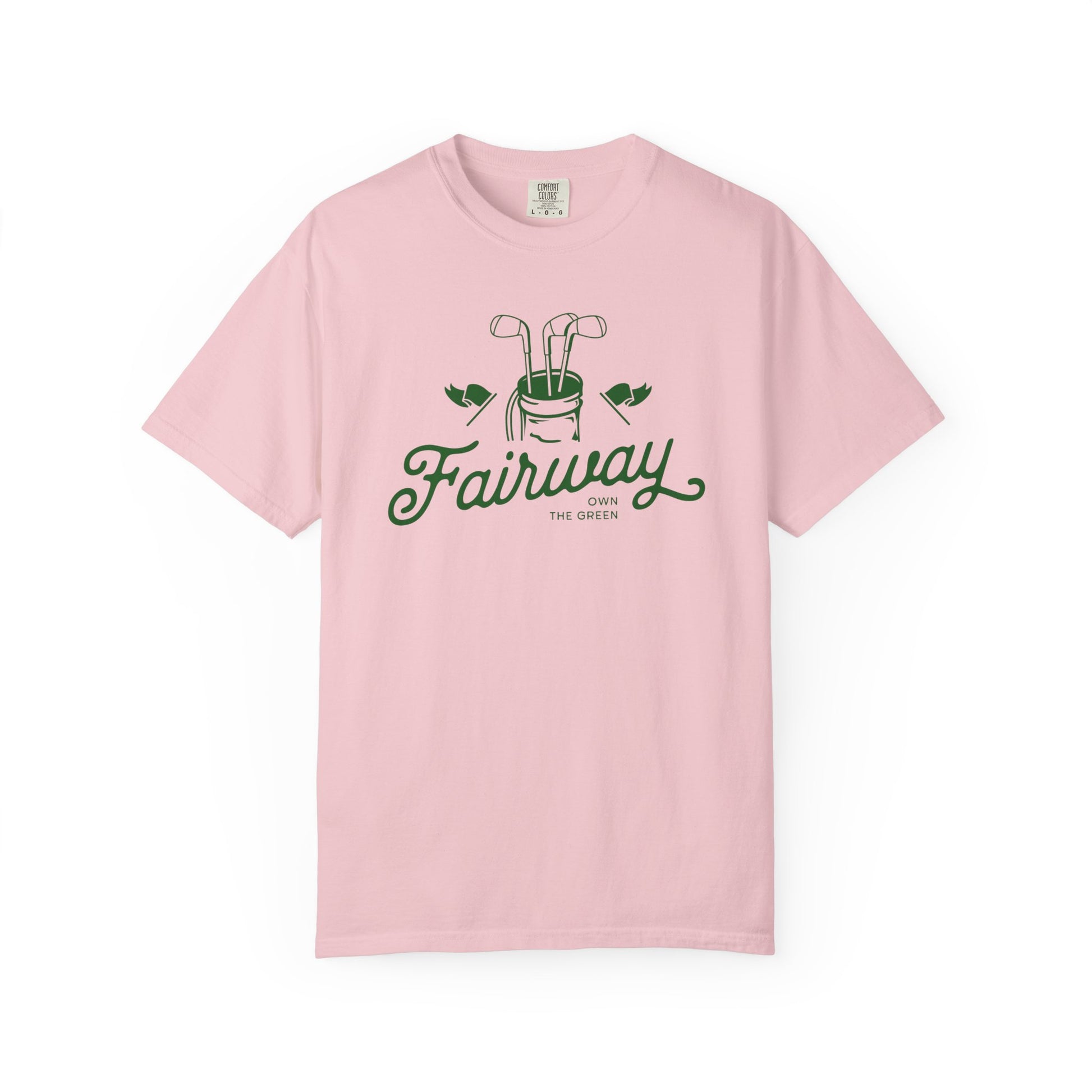 Pink t-shirt with 'Fairway' graphic design on a white background