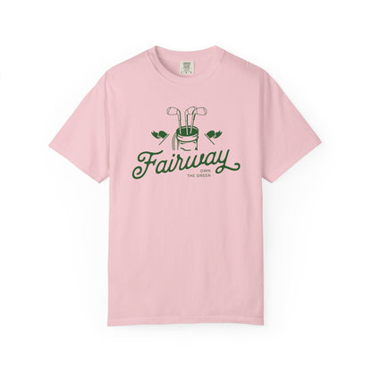 Pink t-shirt with 'Fairway' graphic design on a white background