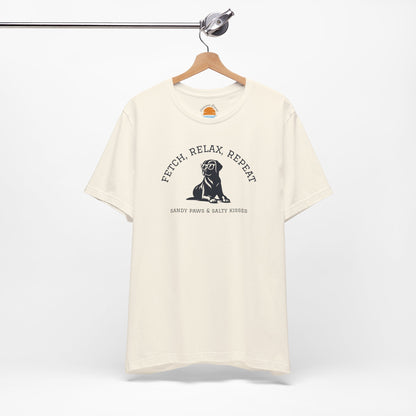 Beige Lab in Shades T-Shirt with a dog graphic and text Fetch, Relax, Repeat on a hanger against a white background