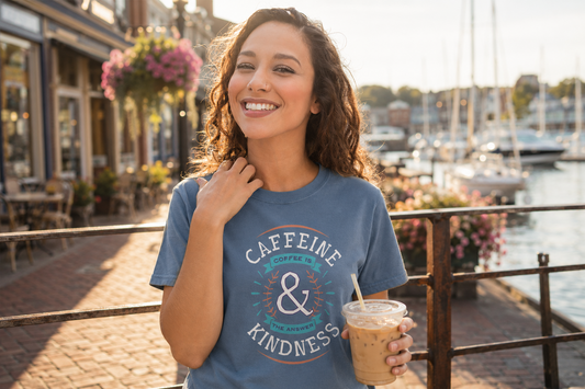 A smiling woman standing outdoors by a waterfront walkway, wearing a blue graphic T-shirt that reads 'CAFFEINE & KINDNESS' with a circular logo. She is holding an iced coffee and has a marina with boats in the background.